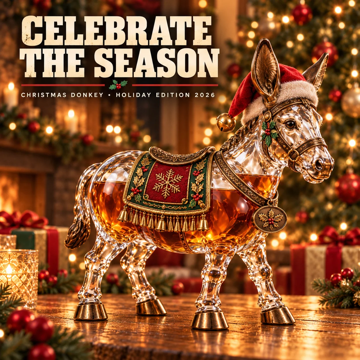 2026 Christmas Donkey Whiskey Decanter with Santa hat red green saddle gold bells and amber spirit
