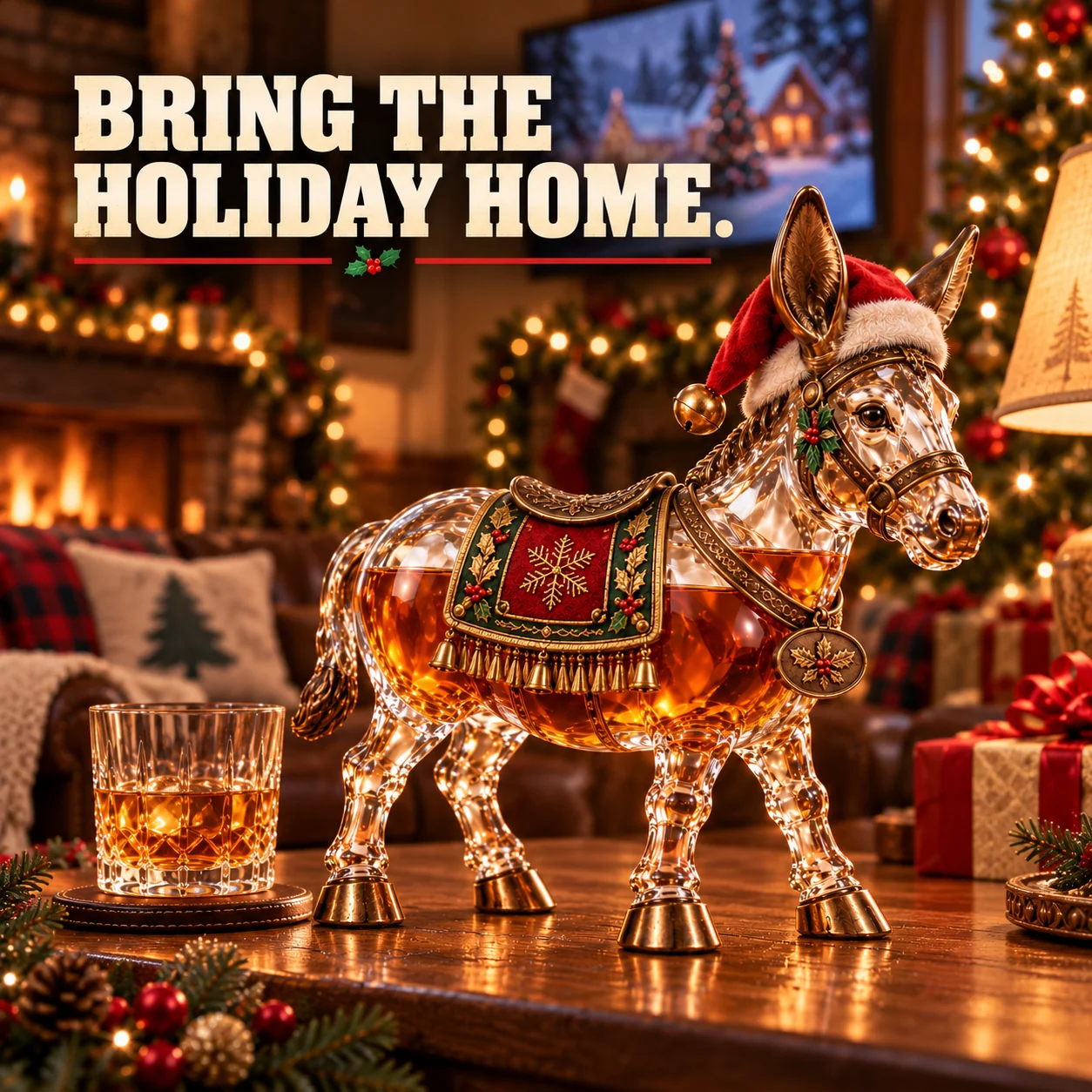 Christmas Donkey bottle displayed on festive home bar beside whiskey glass and Christmas tree