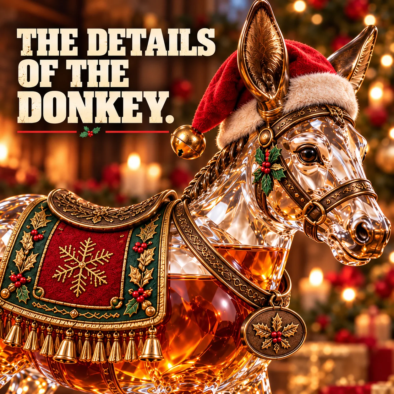 Close-up Christmas Donkey details Santa hat holly bridle snowflake saddle bells and medallion