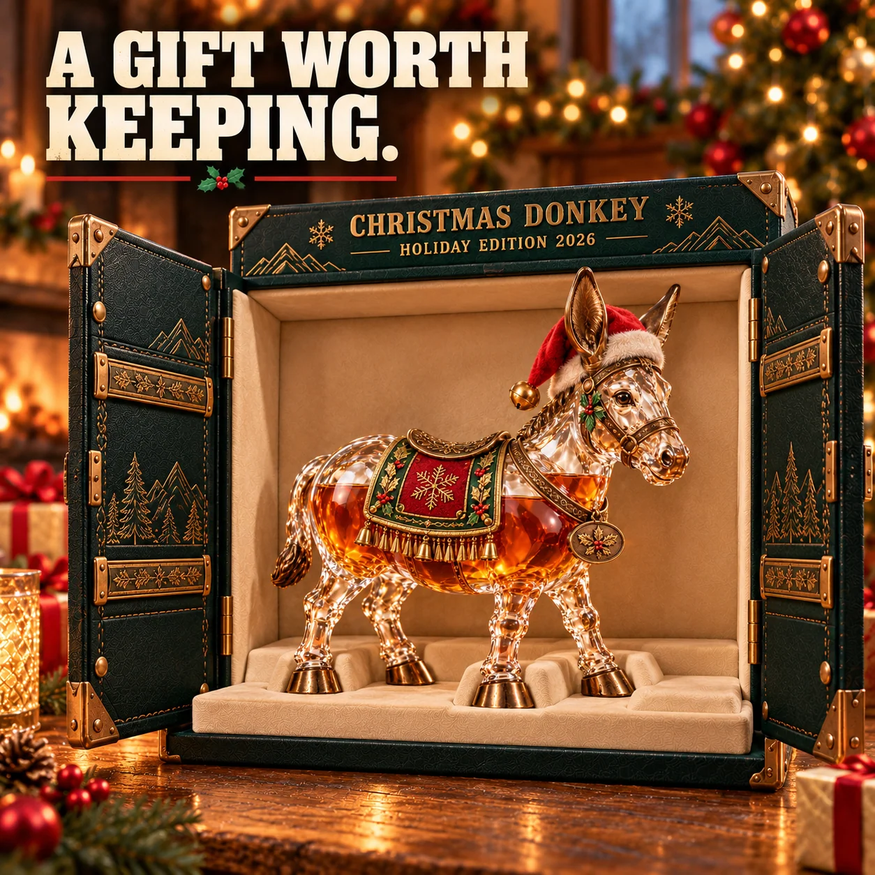 Christmas Donkey Holiday Edition 2026 shown in dark green gold presentation-style collector box