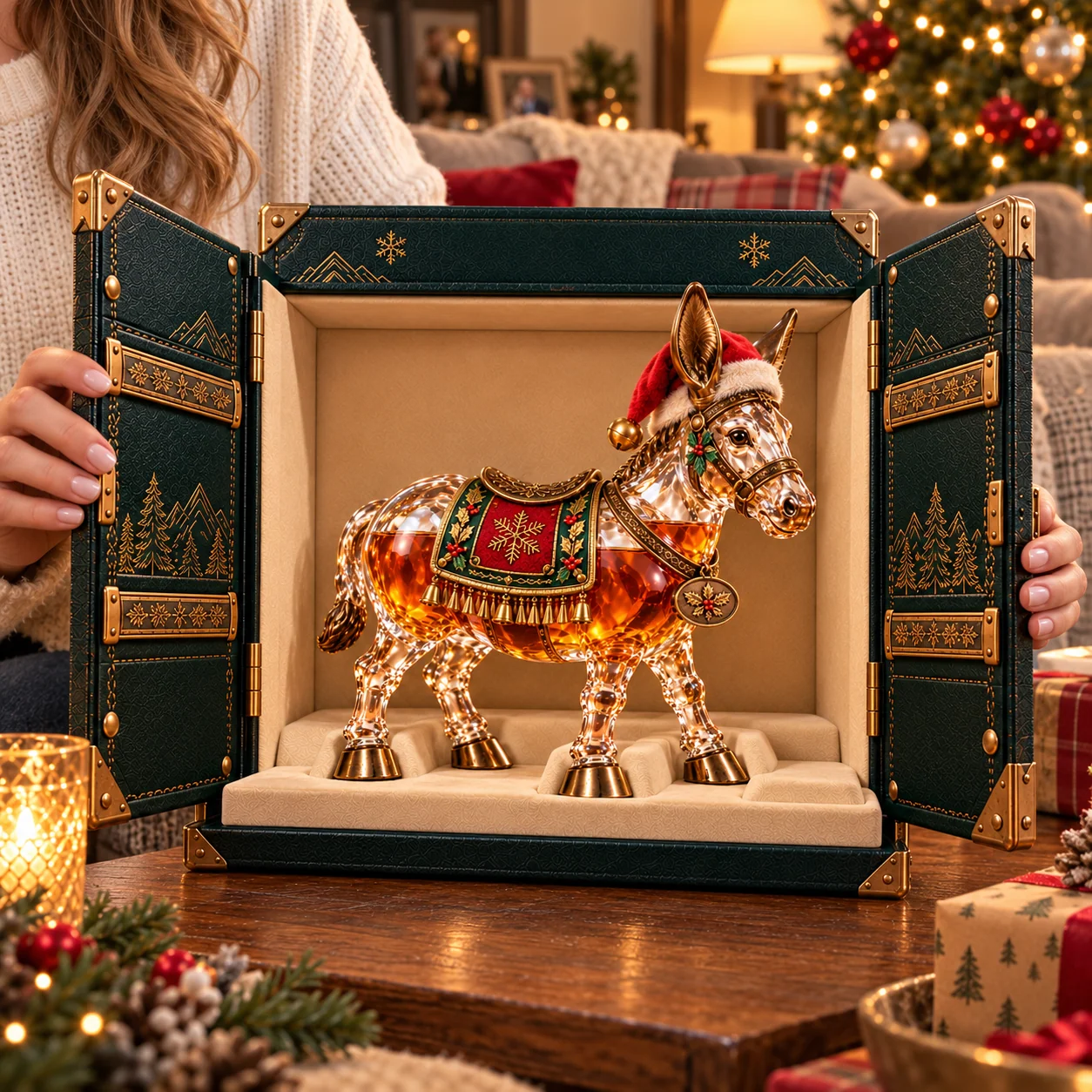 Woman holding Christmas Donkey Holiday Edition 2026 collector presentation