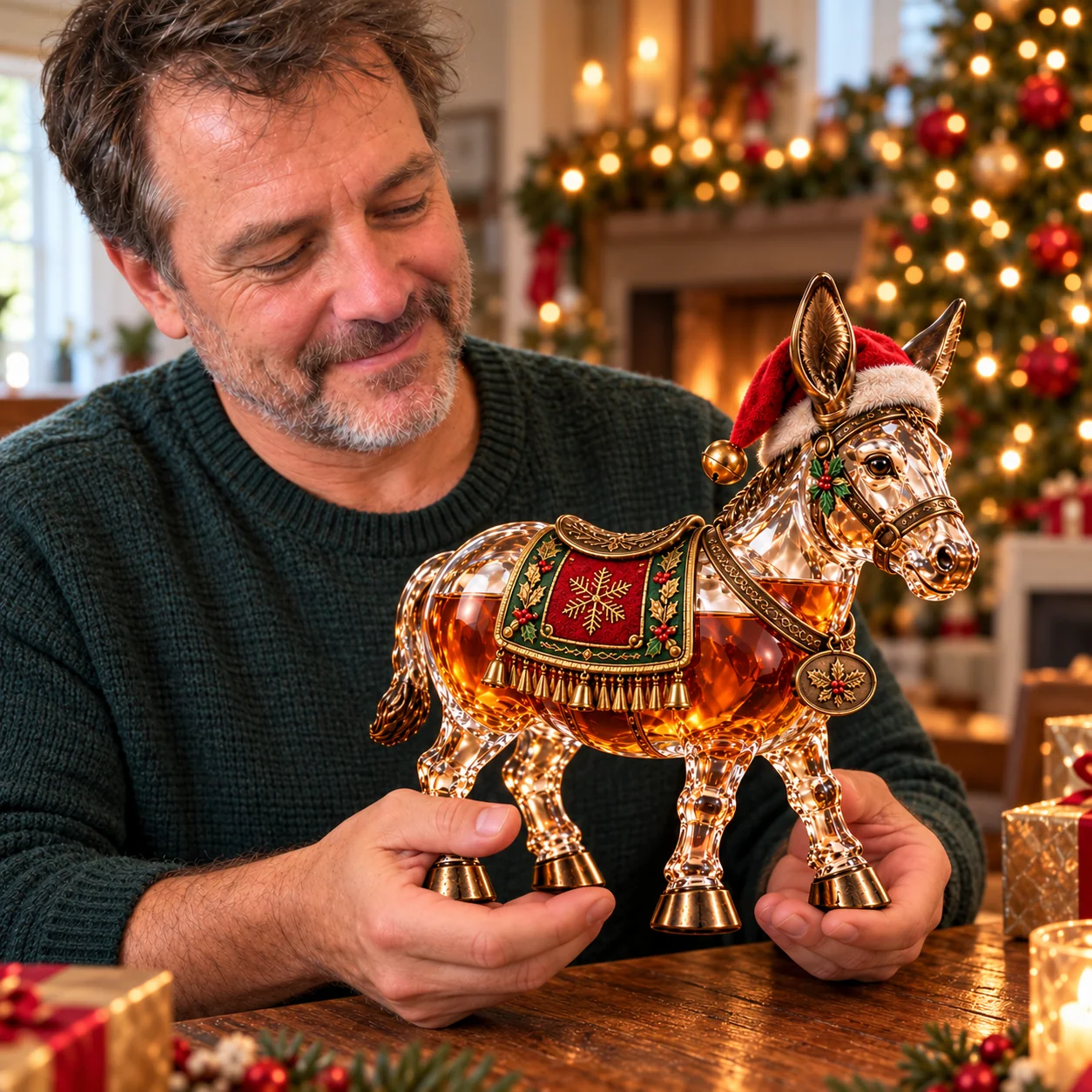 Man holding the Christmas Donkey collector bottle showing its real visual scale