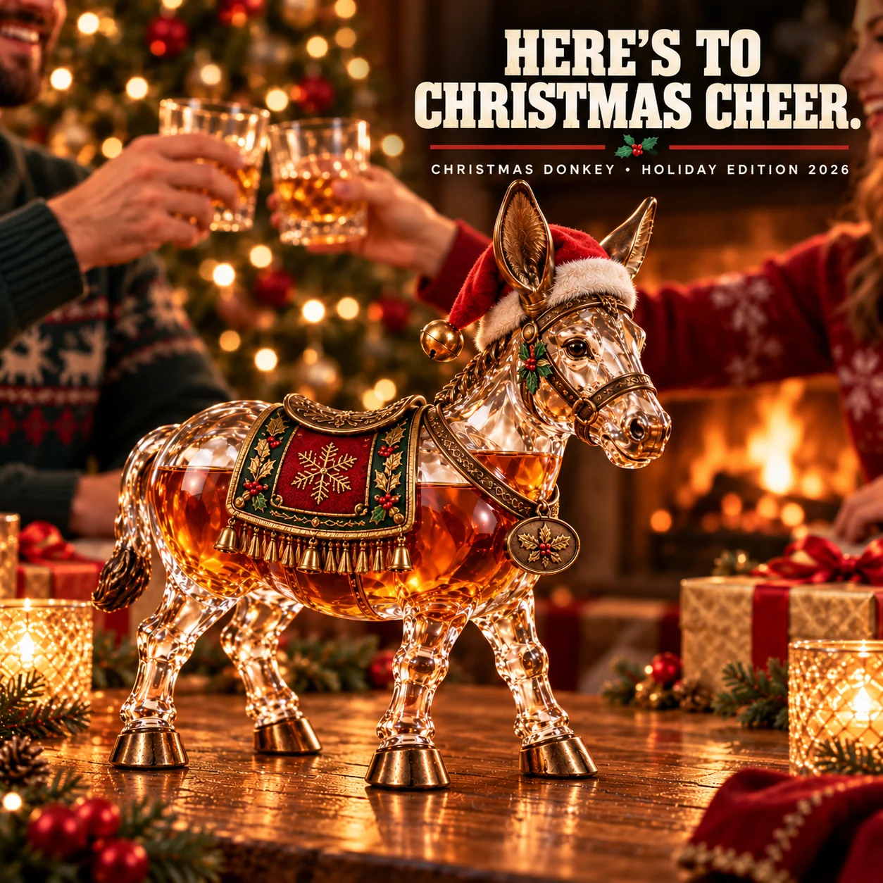 Christmas Donkey whiskey decanter during holiday toast beside fireplace