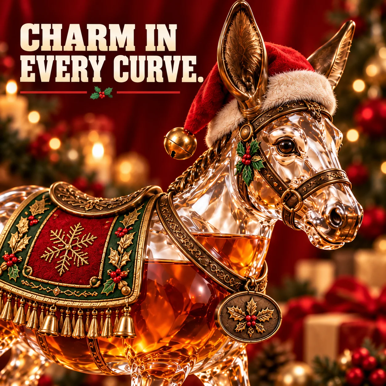 Close-up of Christmas Donkey bottle showing sculpted ears face mane bridle saddle and amber chamber