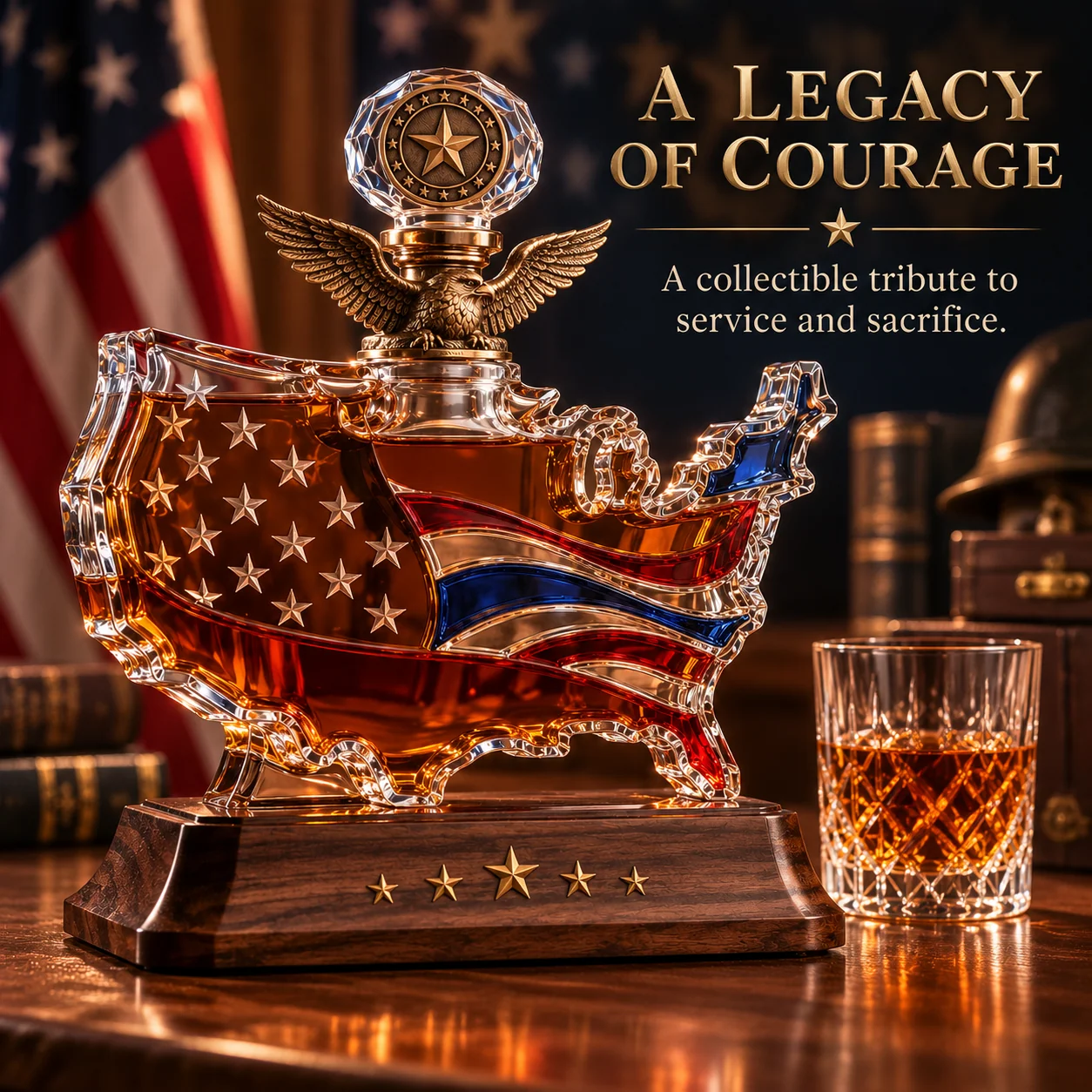 American Legacy veterans tribute decanter with eagle stopper and patriotic stars and stripes design