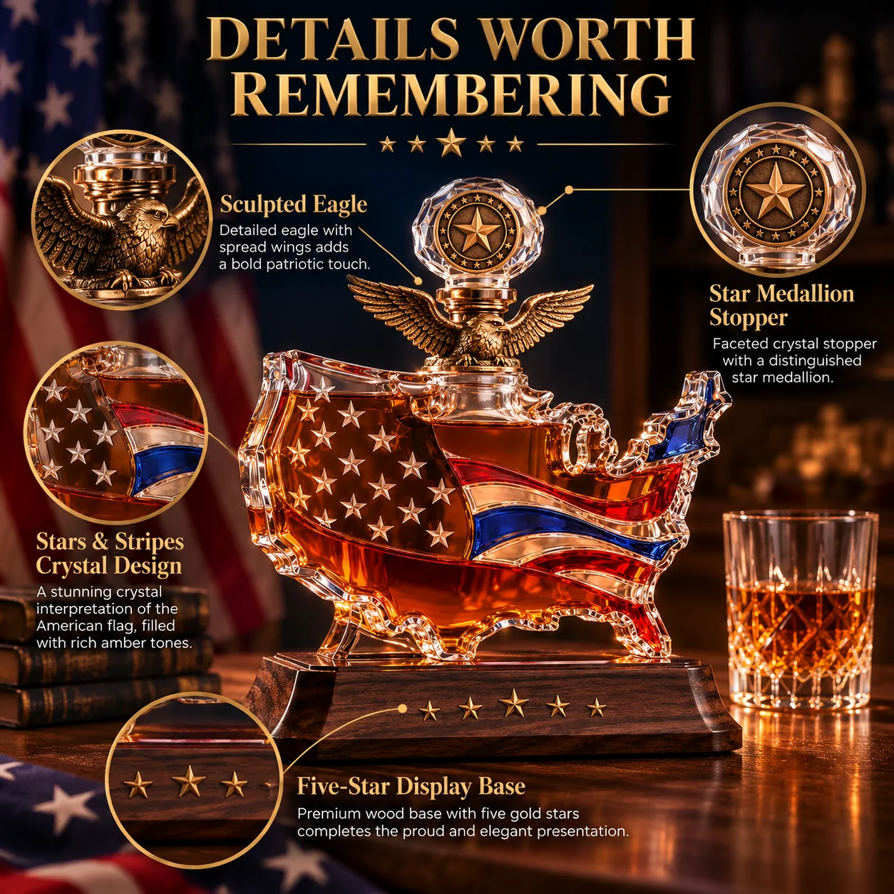 Close-up design details of the patriotic decanter including eagle ornament, crystal stopper, stars and stripes, and five-star base