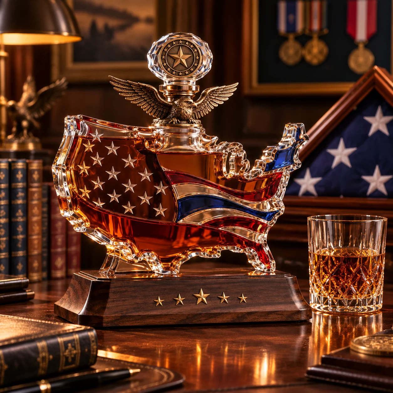 Patriotic whiskey decanter displayed in a warm study with American flag, books and military memorabilia