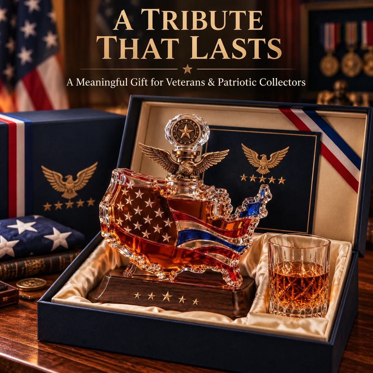 American Legacy patriotic decanter presented as a tribute gift with coordinating glass and display packaging