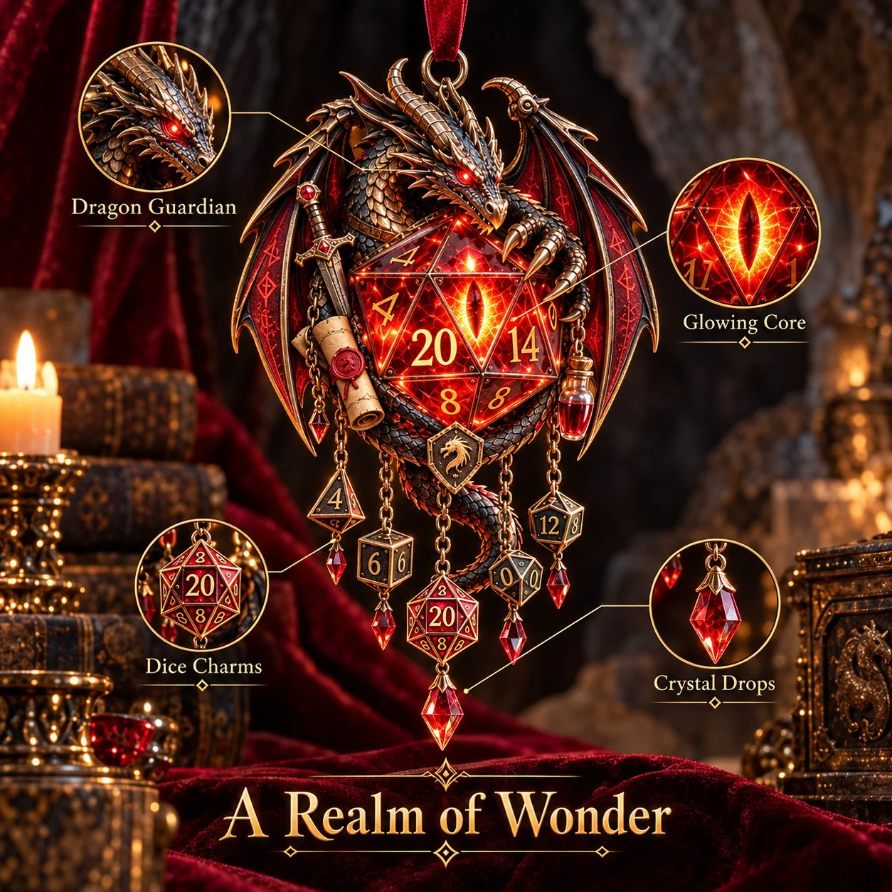 Illuminated dragon centerpiece with suspended fantasy dice and decorative drops