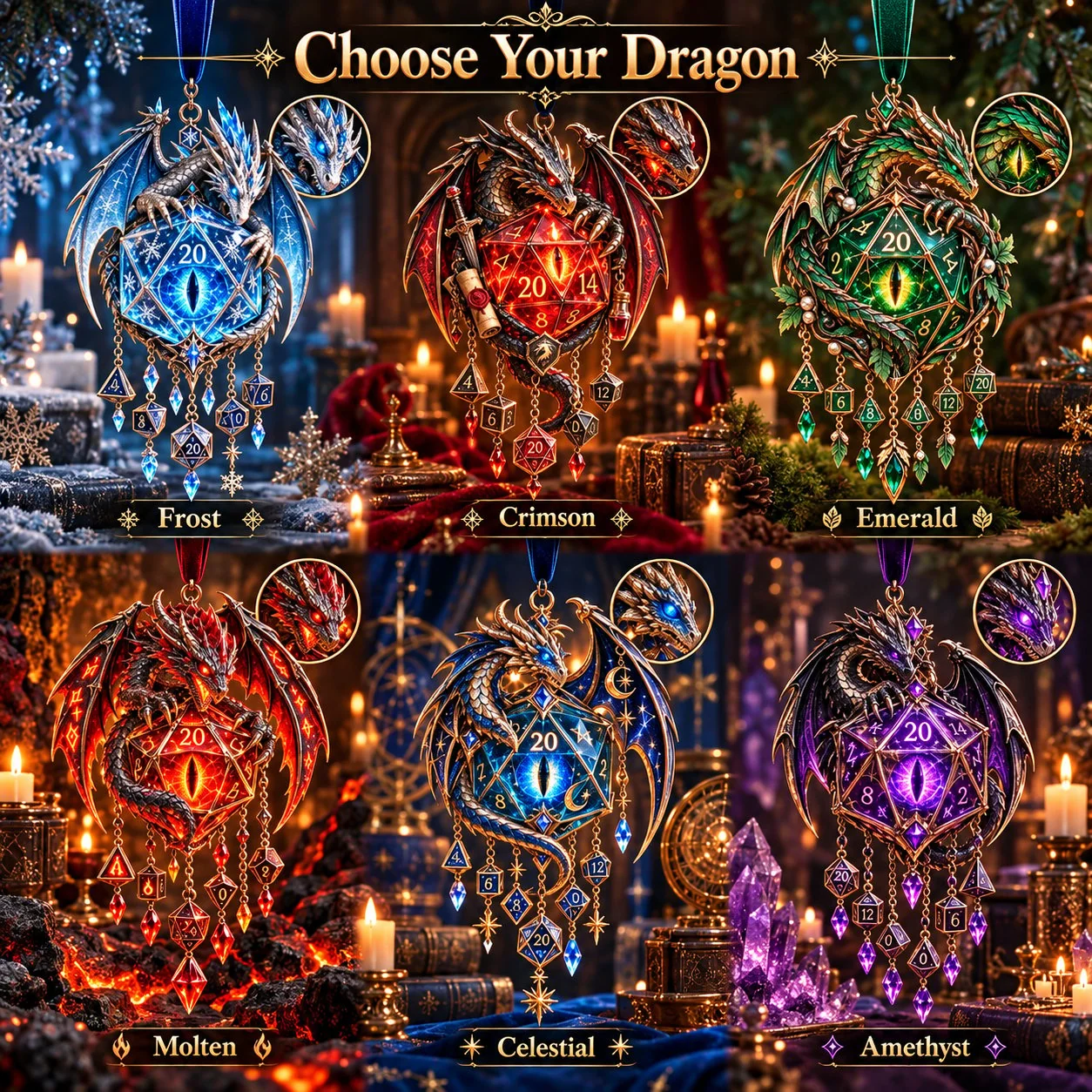 Six available dragon color variants for the fantasy wind chime ornament