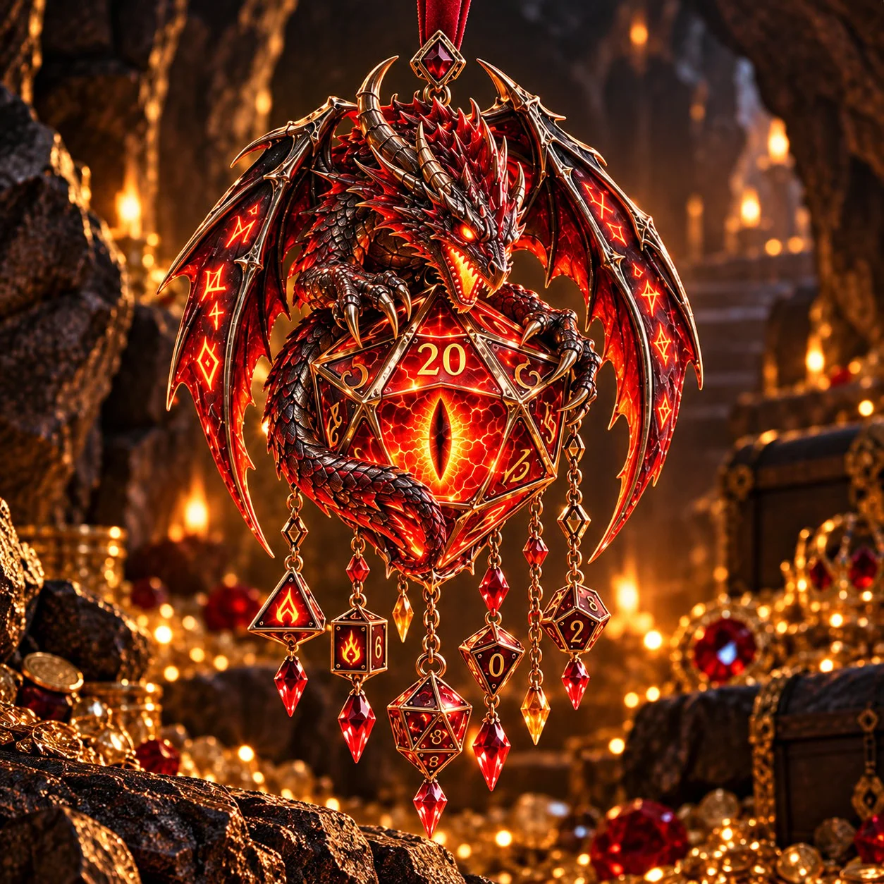 Full hanging dragon ornament with dice and crystal pendants