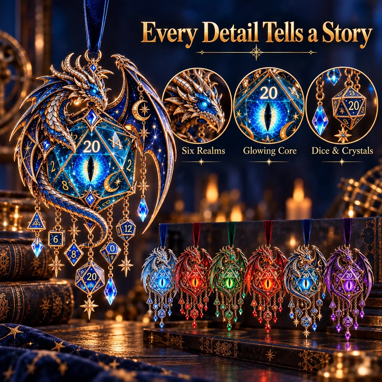 Close-up view of the fantasy dragon ornament's decorative hanging elements