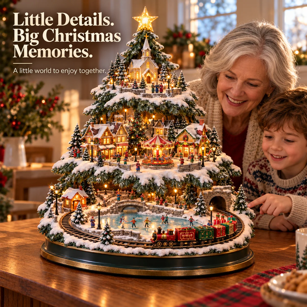 Grandmother and grandson looking closely at the Christmas Village Tree and its miniature train