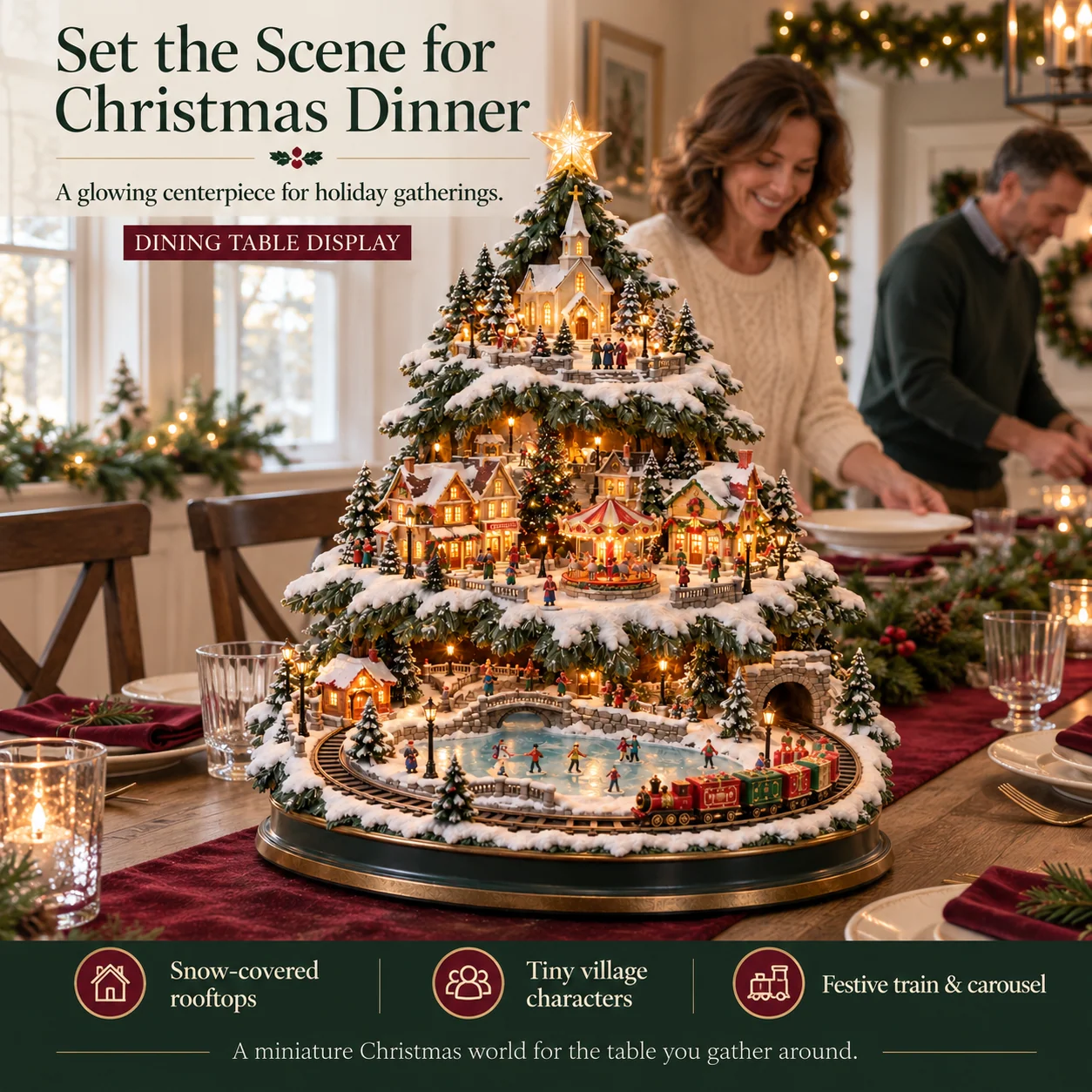 Lighted Christmas Village Tree as a dining-table centerpiece while a family prepares for dinner