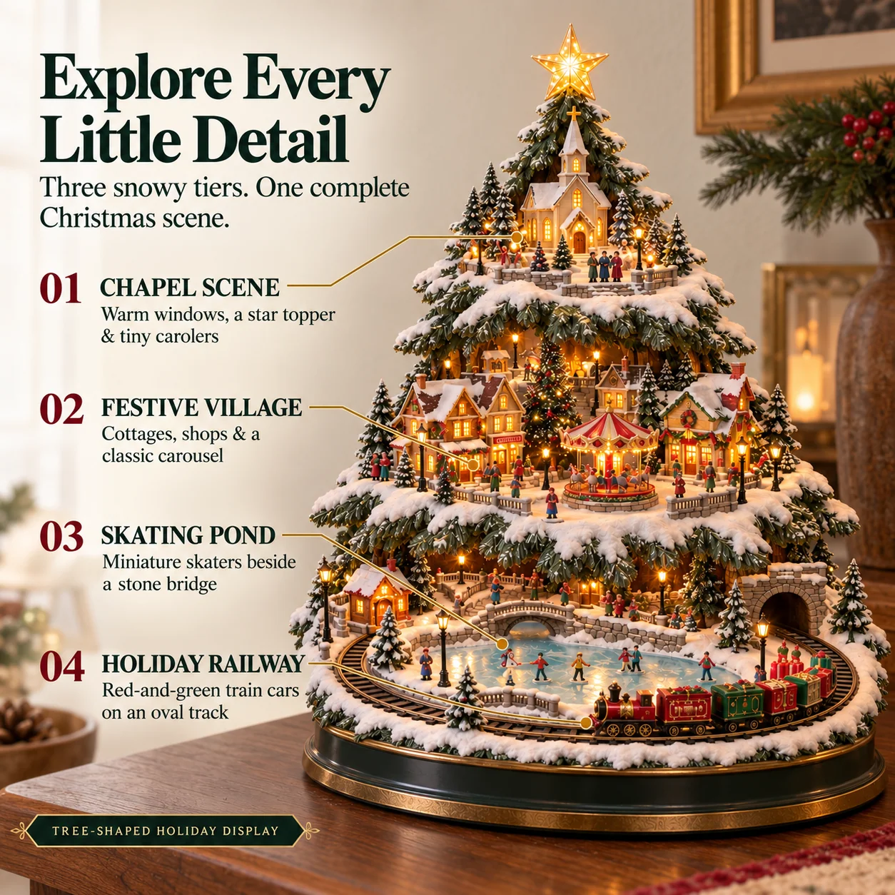 Annotated Christmas Village Tree showing chapel, festive village, skating pond and holiday railway
