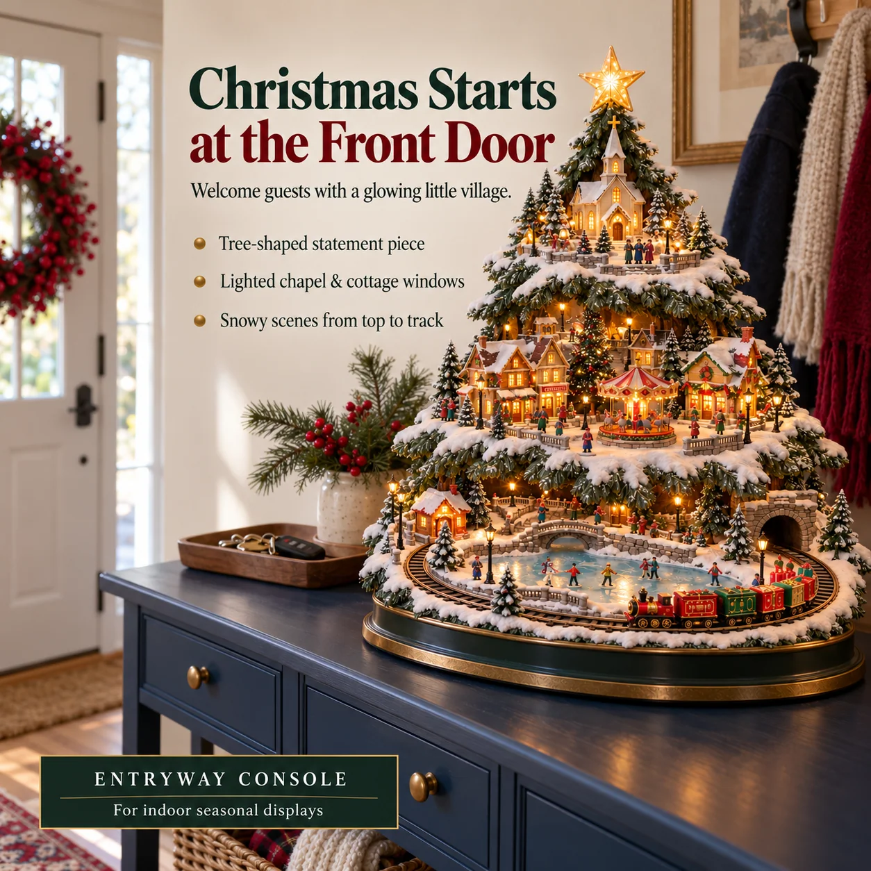 Christmas Village Tree displayed on a navy entryway console beside the front door