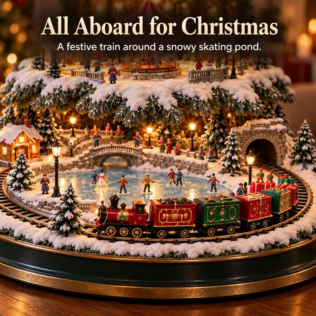 Detailed red-and-green miniature Christmas train beside a snowy skating pond, stone bridge and evergreens
