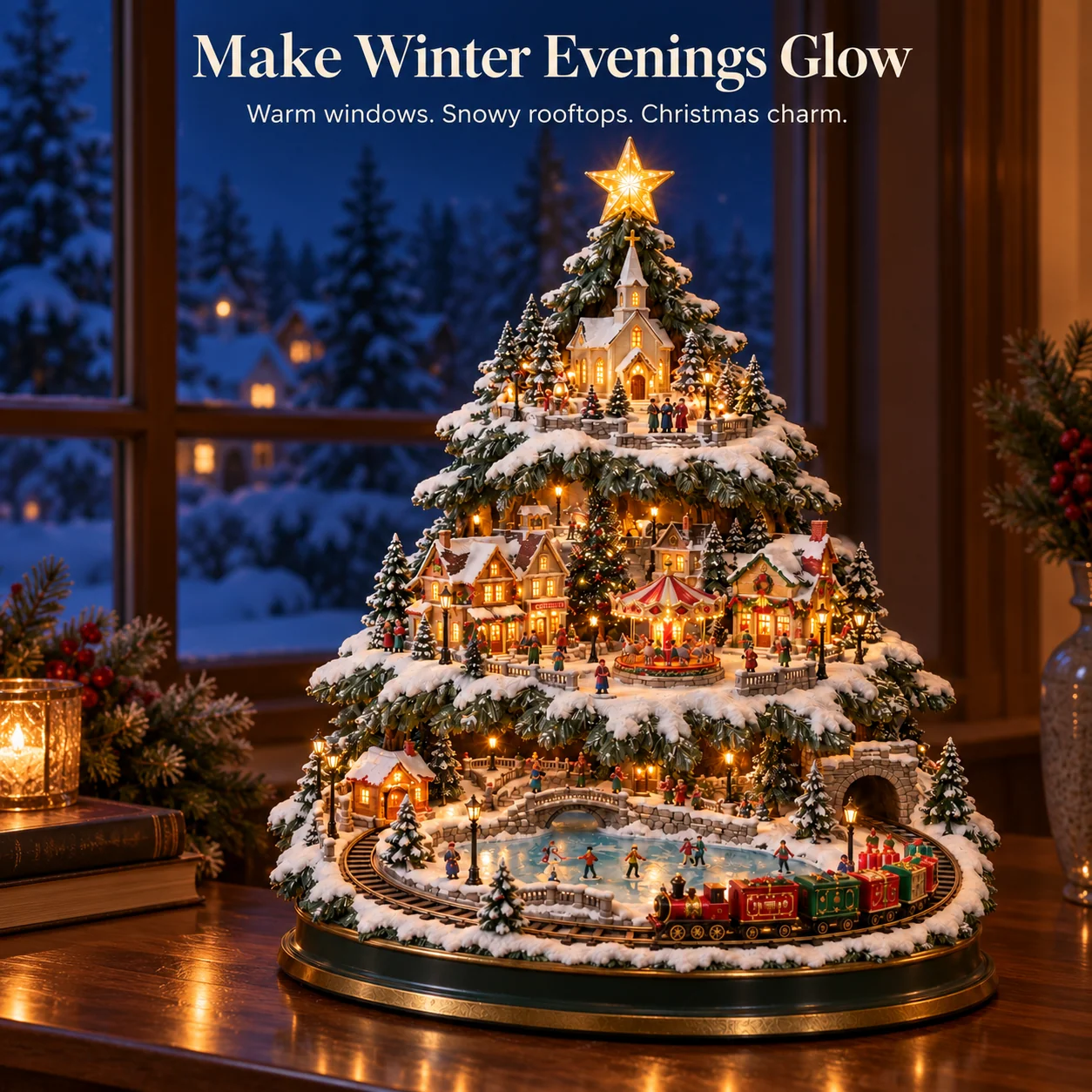 Christmas Village Tree glowing beside a window at blue hour with warm cottage windows and a golden star