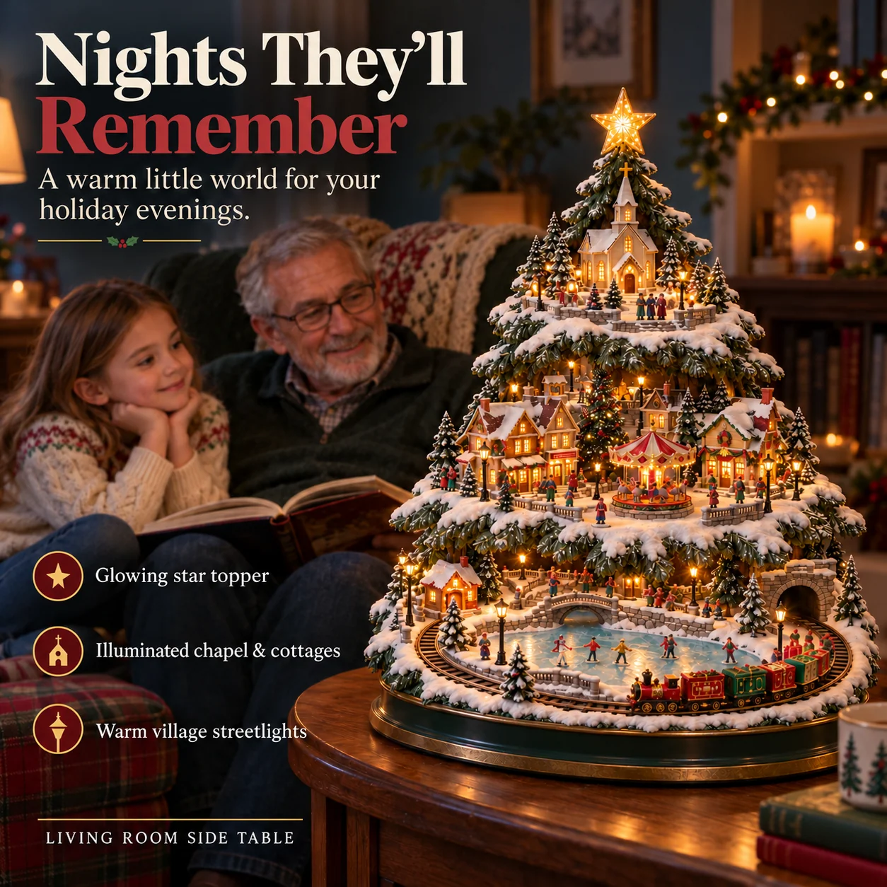 Grandfather and granddaughter enjoying the lighted village on a living-room side table during story time