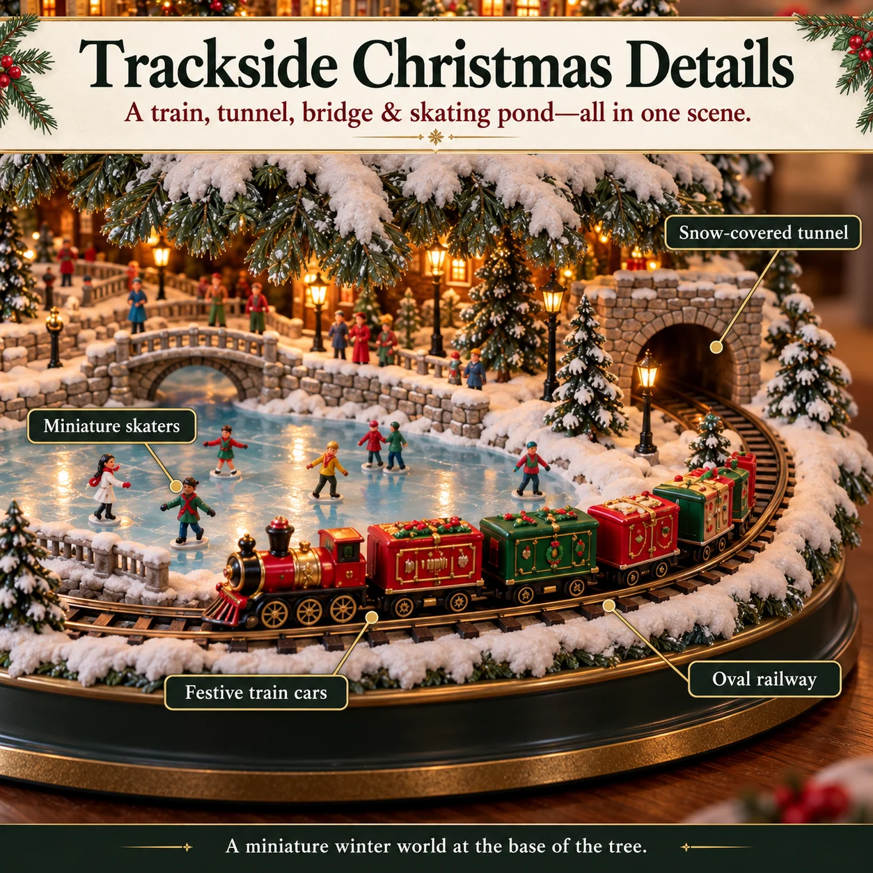Close view of festive train cars, oval railway, snow-covered stone tunnel and miniature skaters