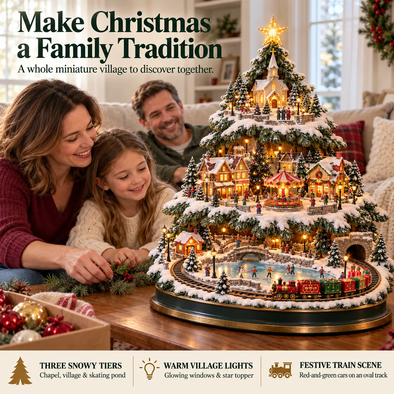 Family decorating a coffee table around the lighted Christmas Village Tree with train and carousel