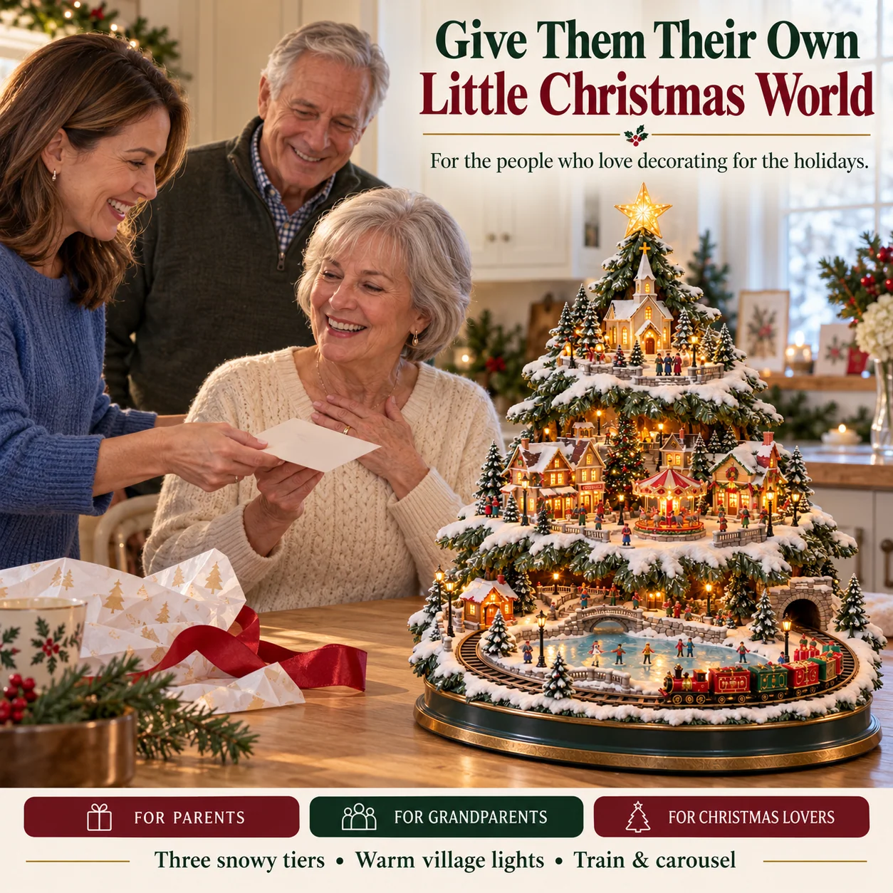 Adult daughter giving her parents a Christmas card beside the lighted Christmas Village Tree