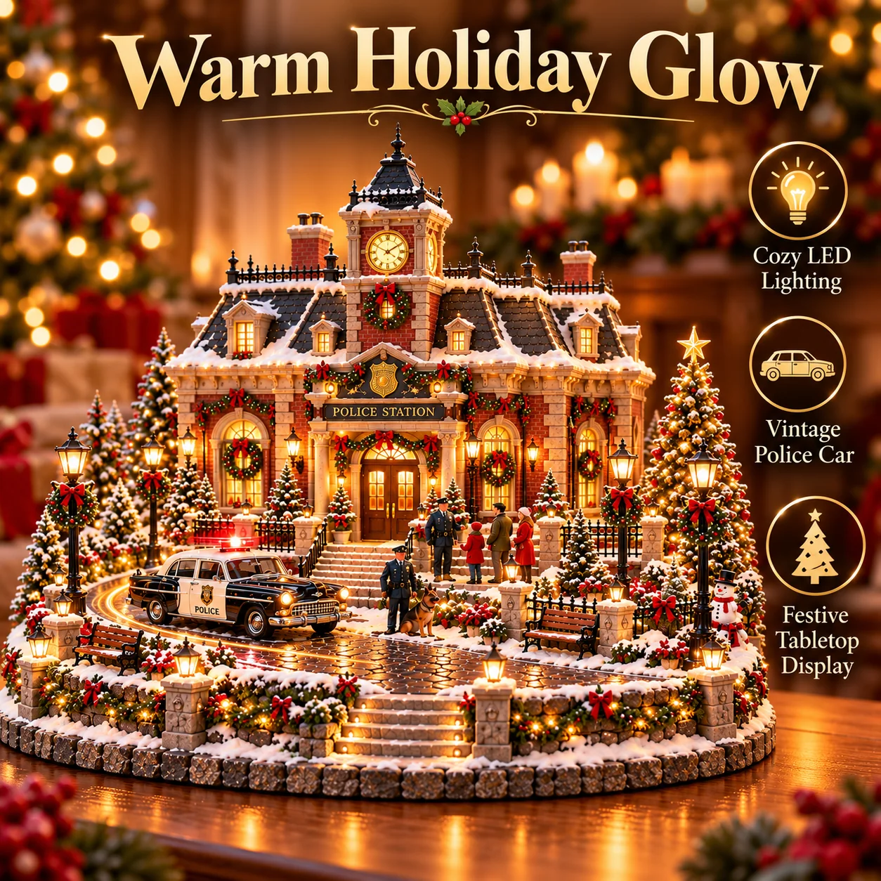 Lighted Christmas police station village with warm LED illumination