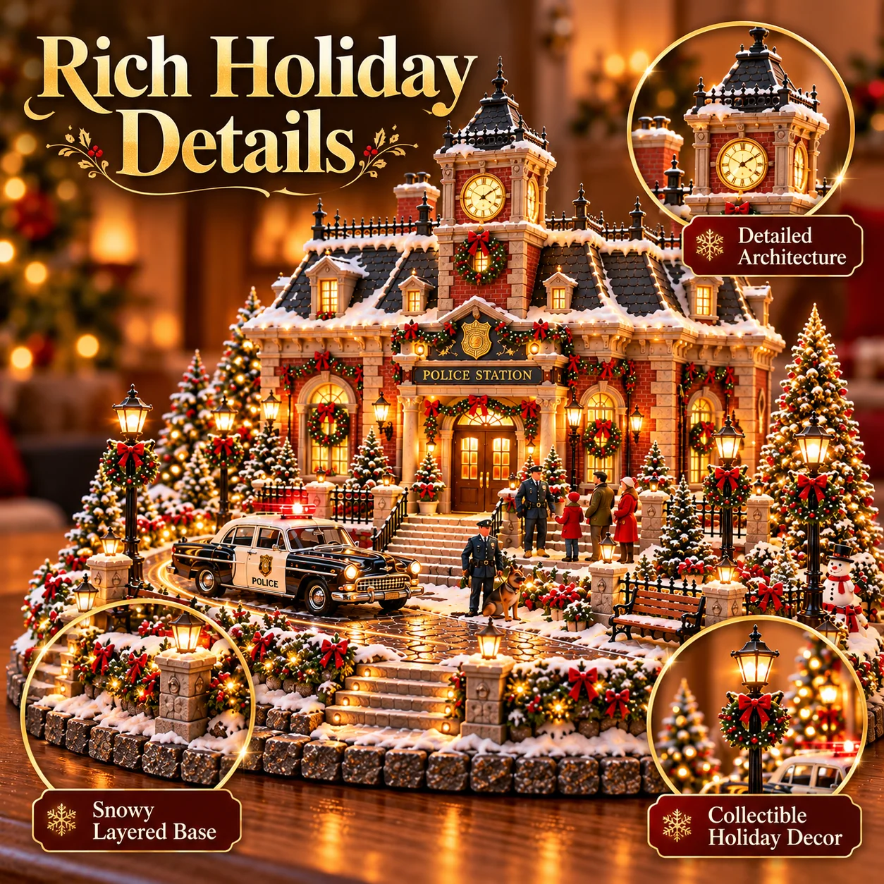 Christmas police station village architectural details snowy base clock tower and festive decorations