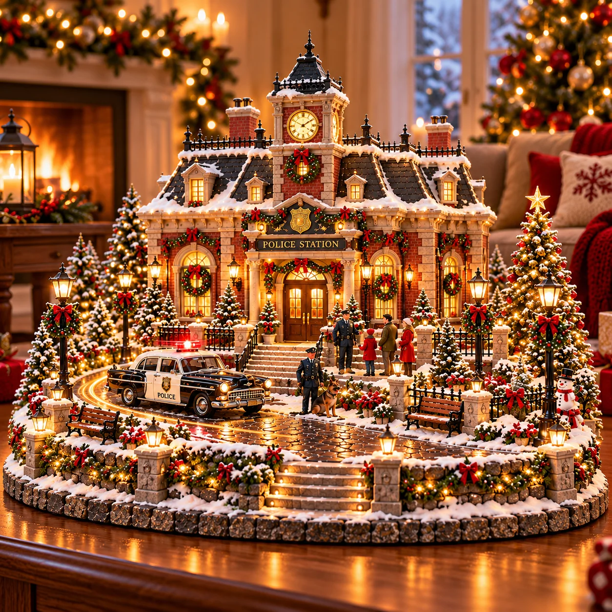 Christmas police station miniature village with vintage patrol car and holiday lights