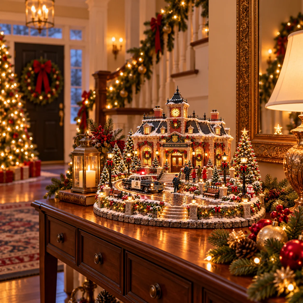 Christmas police station village displayed on a console table in a decorated living room