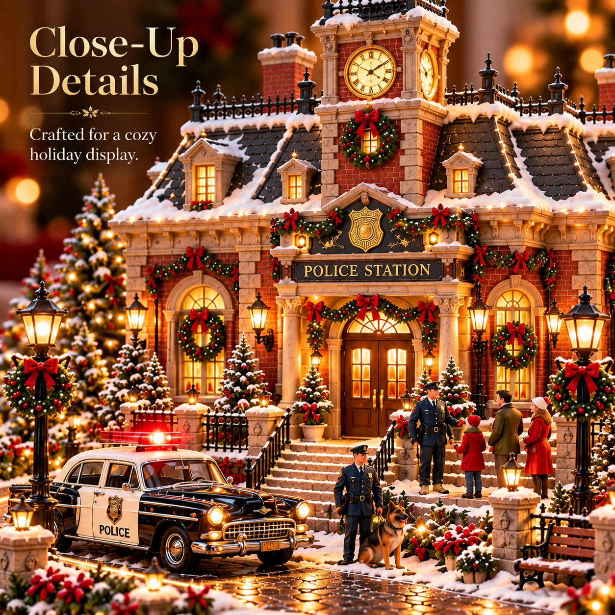Vintage police patrol car police officers and K9 dog in snowy Christmas miniature village