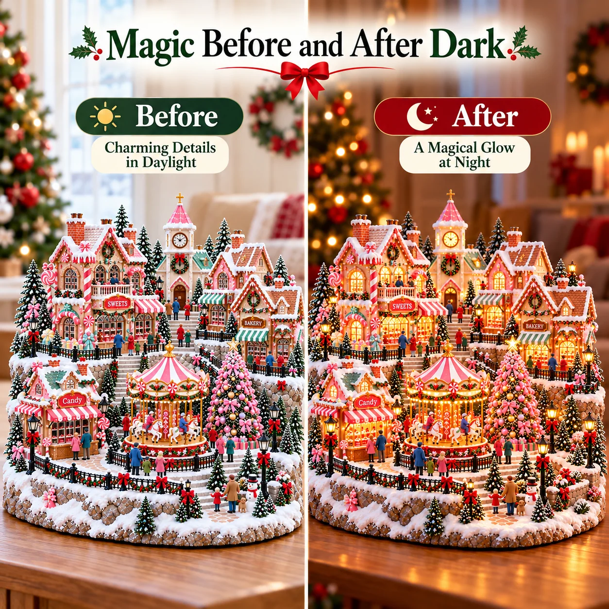 Close-up of the candy-pink carousel, festive shops and decorated pink Christmas tree