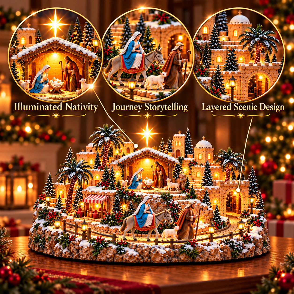 Layered Bethlehem village with Holy Family journey and Nativity