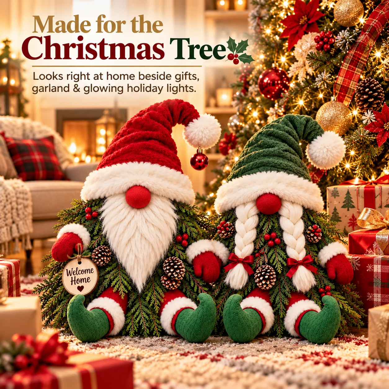 Christmas Gnomes Beside Decorated Christmas Tree