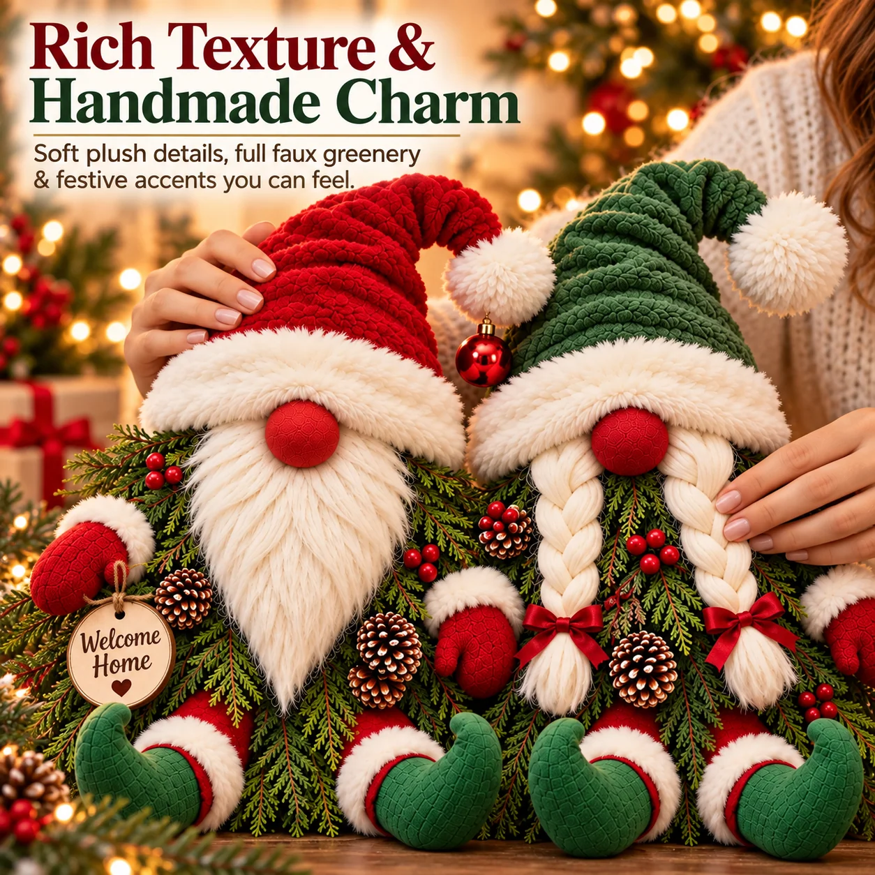 Christmas Gnome Plush Hats Braids Beard and Greenery Details