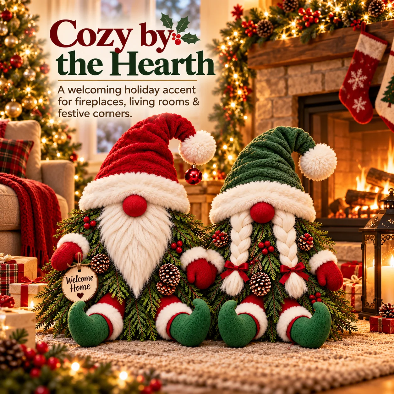 Evergreen Gnomes Christmas Fireplace Decoration