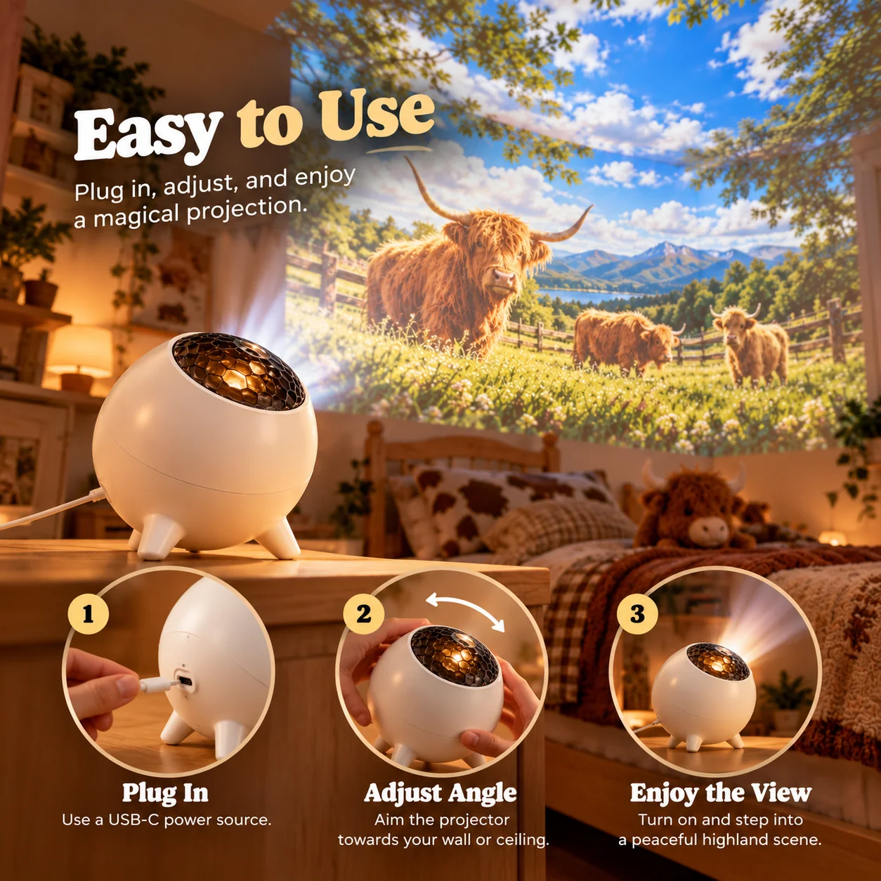 Highland cow pasture scene projected around a cozy room