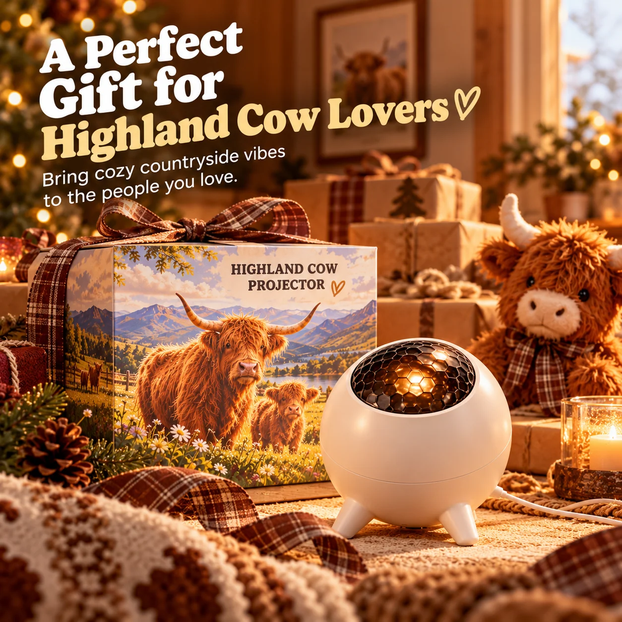 Family sharing a Highland cow projection experience at home