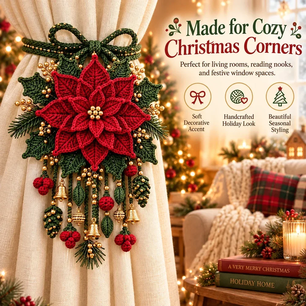 Christmas Crochet Curtain Tieback DIY Kit displayed on a festive window, with key kit benefits