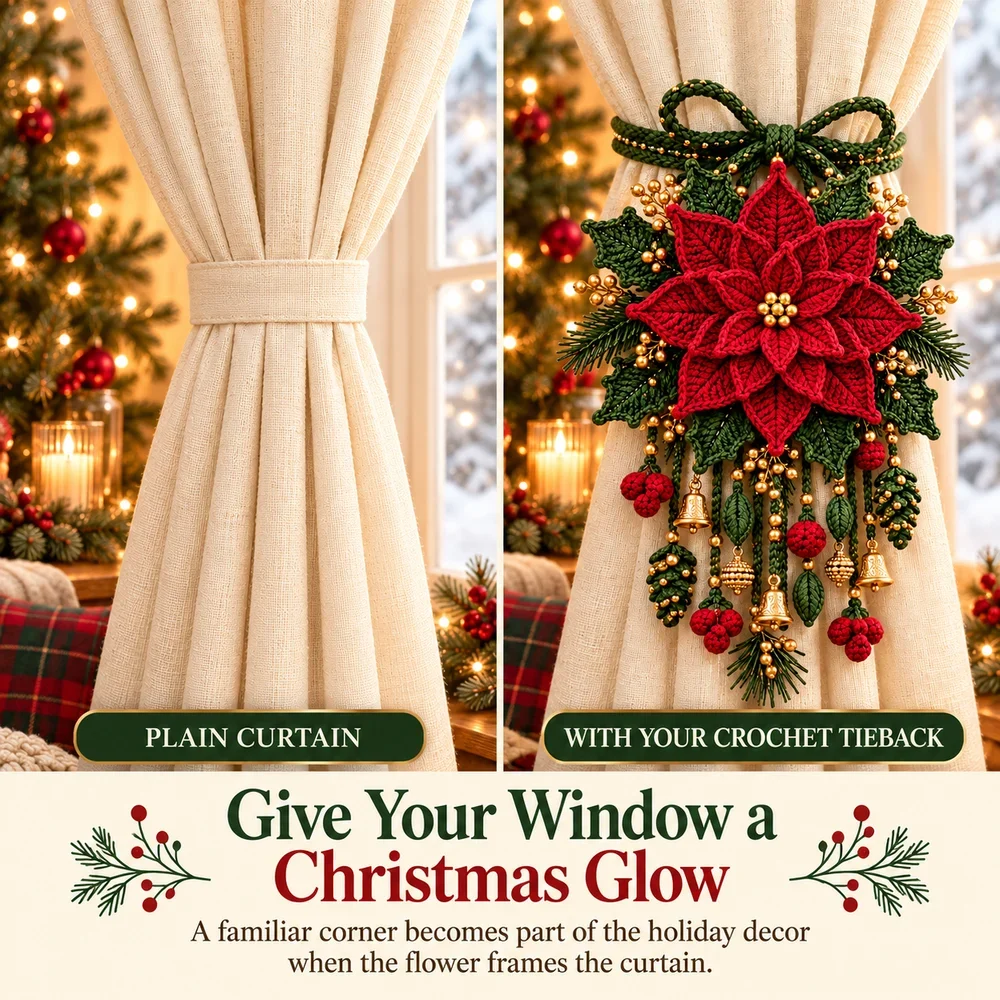 Plain curtain beside a curtain dressed with the Christmas crochet tieback