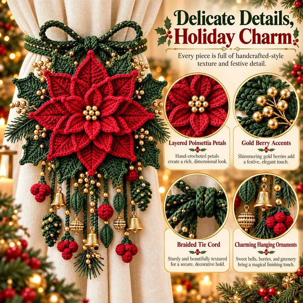 Close-up of layered crochet petals, greenery, braided cord, beads and hanging ornaments