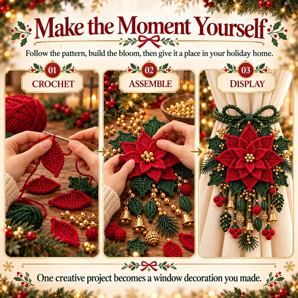 Three stages of crocheting, assembling and displaying the Christmas tieback