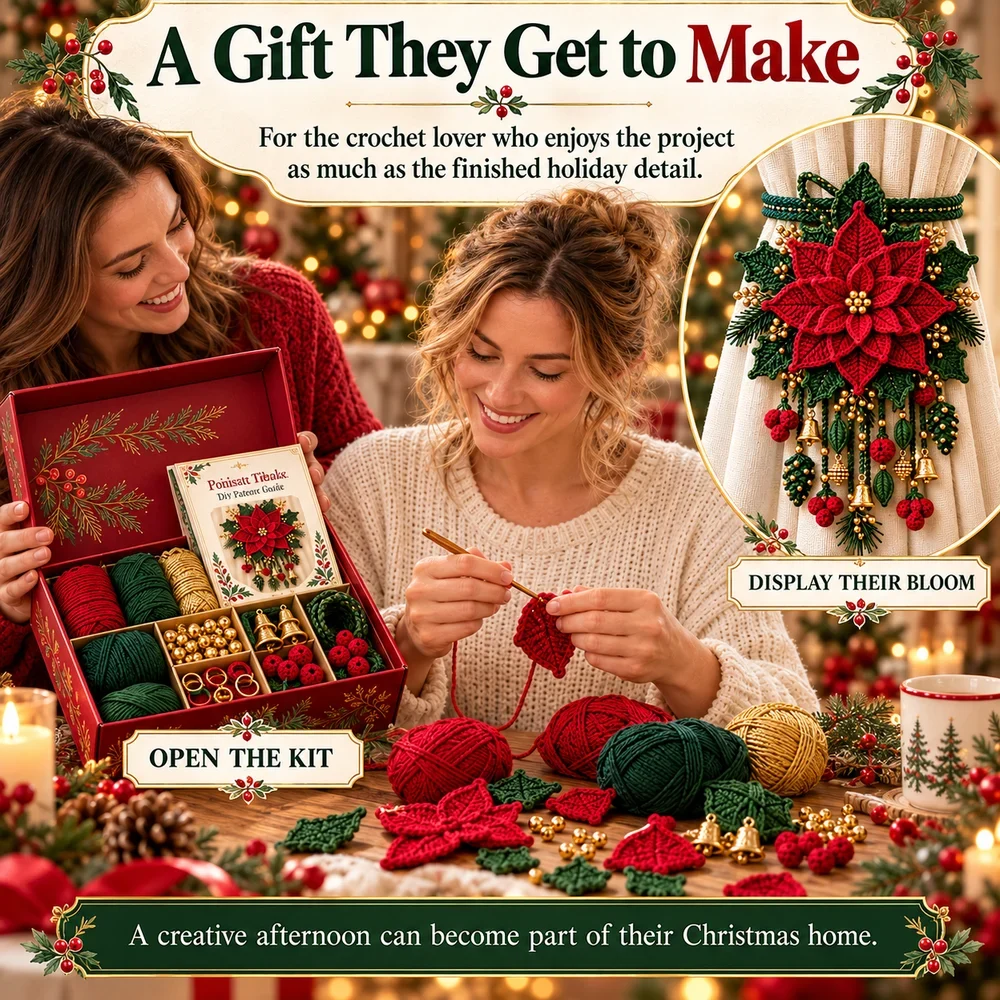Christmas crochet curtain tieback kit as a gift for a maker