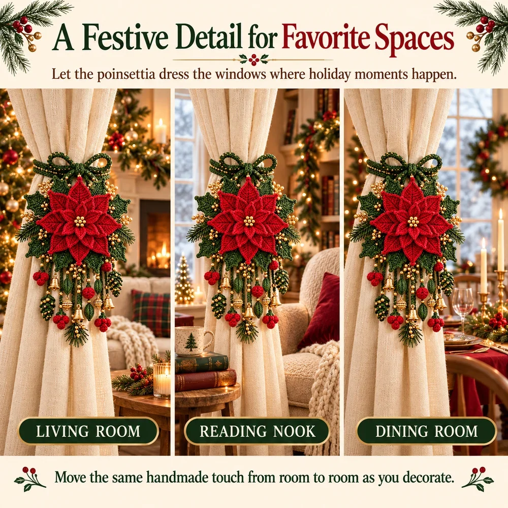 Christmas crochet curtain tieback in living room, reading nook and dining room scenes