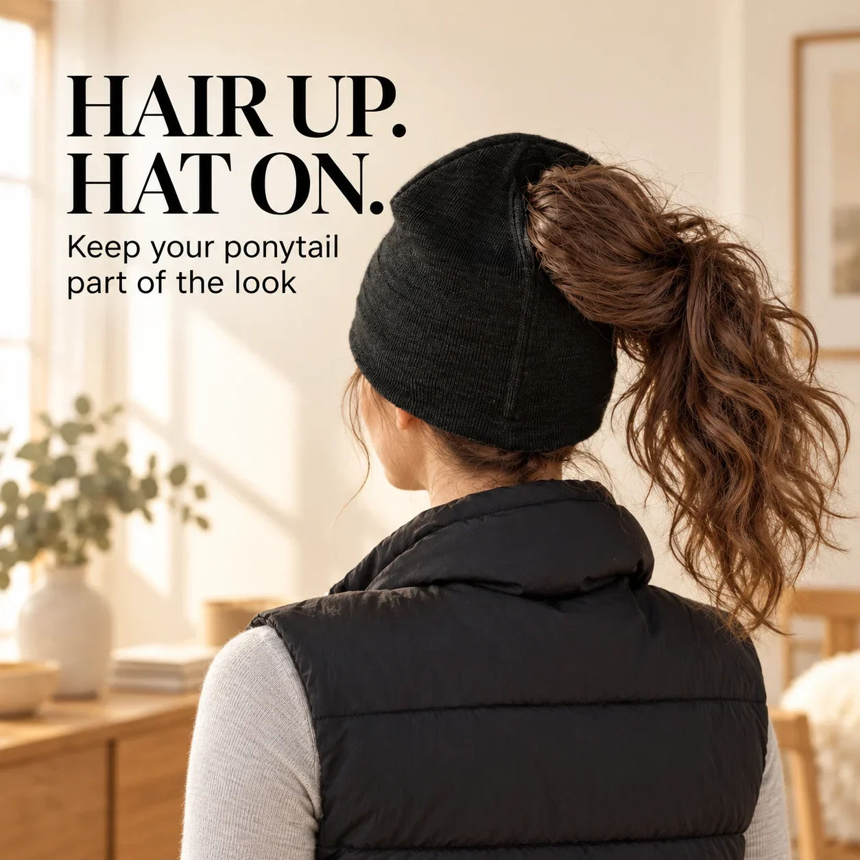 Close-up showing the rear ponytail opening of the knit beanie