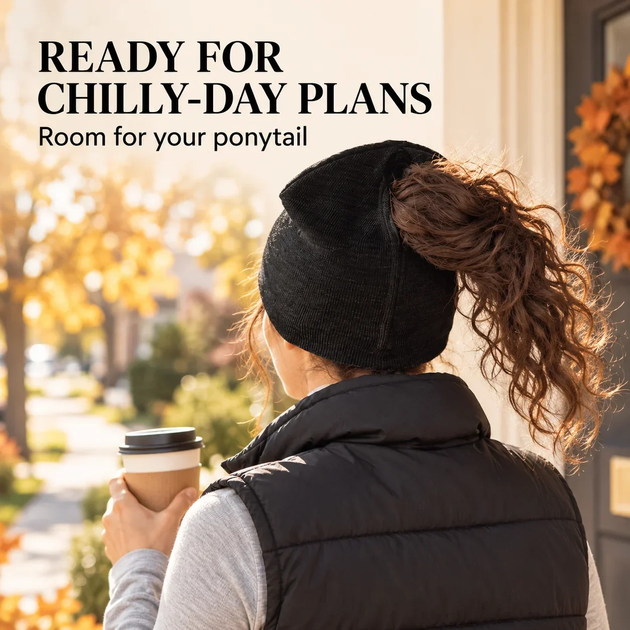 Lifestyle scenes featuring women wearing ponytail knit beanies