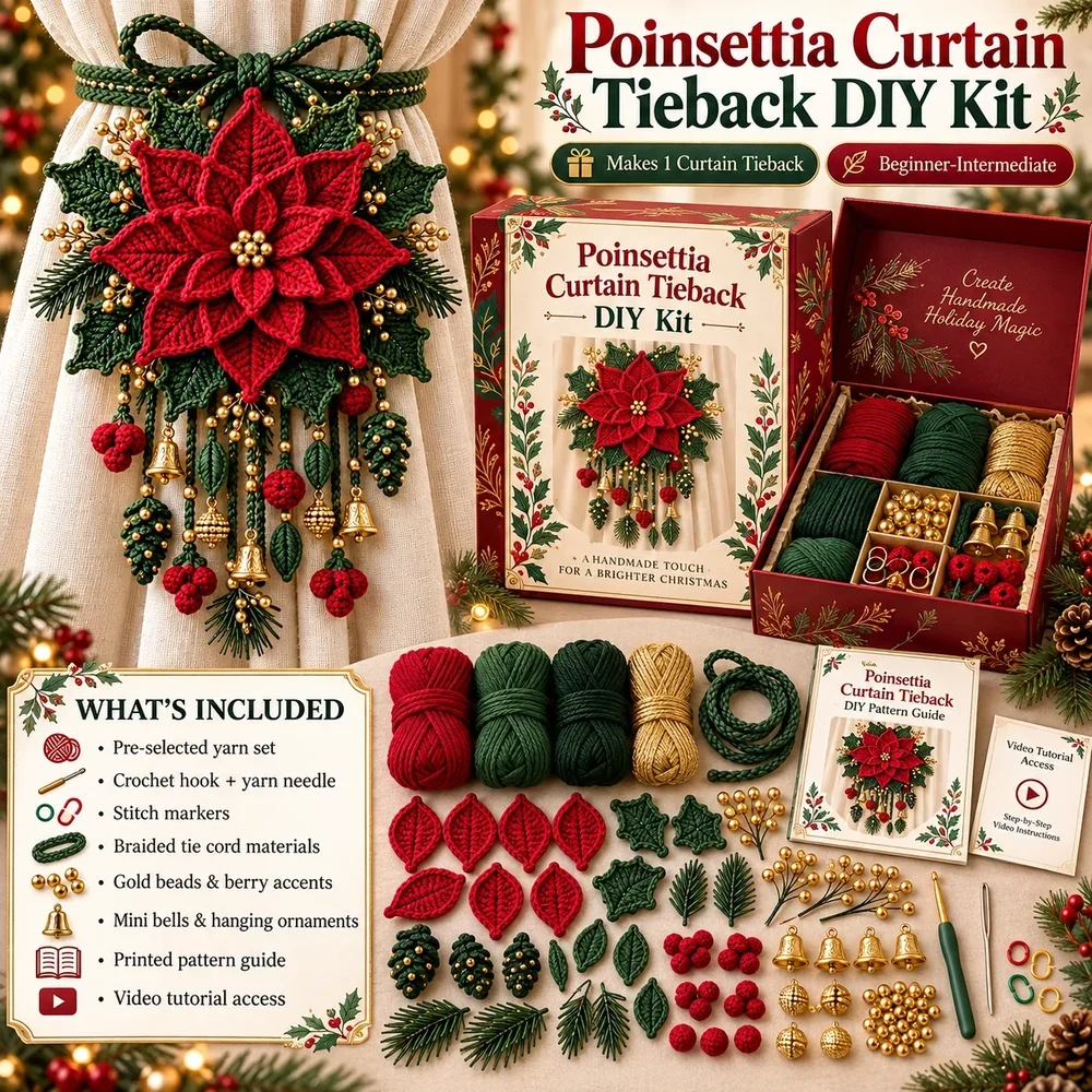 Christmas Crochet Curtain Tieback DIY Kit contents and craft components for the featured floral design