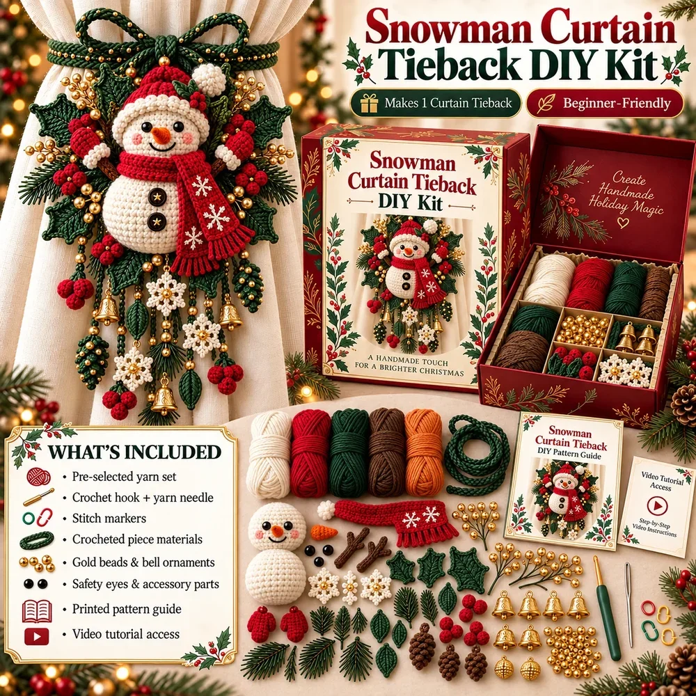 Cozy Snowman beginner-friendly curtain tieback kit and components