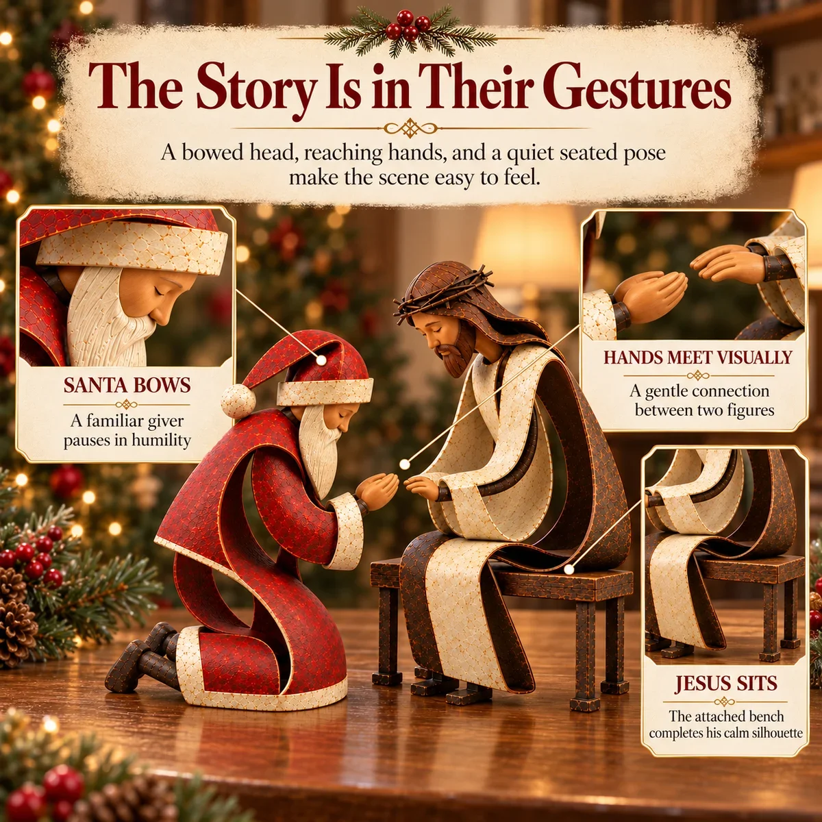 Close details of Santa bowing, the reaching hands and Jesus seated on his attached bench