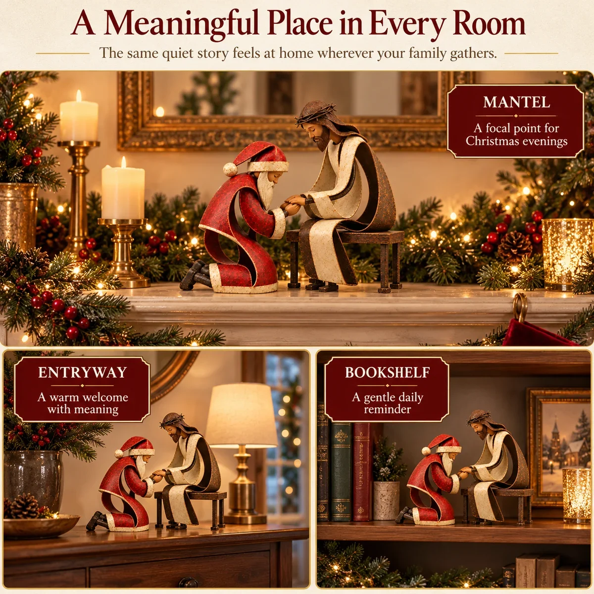 Santa and Jesus pair shown on a mantel, entryway table and bookshelf